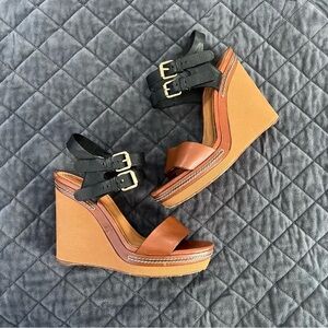 Chloe Shoes Women 10 40 Wedges Heels Sandals two tone platform Tan leather